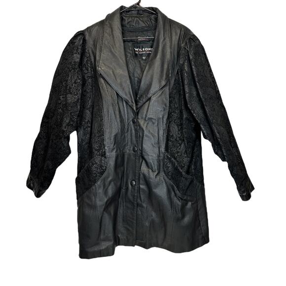 Wilsons Leather Jackets & Blazers - Vintage 80s Wilsons Black‎ Leather Paisley Print Long Sleeve Coat Size M